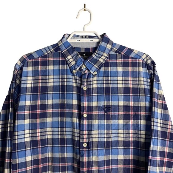 American Eagle Men's Blue Plaid Button-Down Classic Shirt - Picture 2 of 9